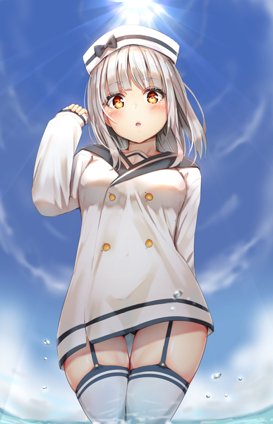 Anime picture 967x1500 with original reinama single long hair tall image looking at viewer blush fringe breasts light erotic payot sky silver hair outdoors blunt bangs long sleeves :o from below orange eyes zettai ryouiki