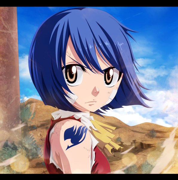 Anime picture 4700x4746 with fairy tail wendy marvell tremblax single tall image highres short hair brown eyes blue hair absurdres sky cloud (clouds) loli tattoo sleeveless coloring torn clothes letterboxed smoke bandaid on face