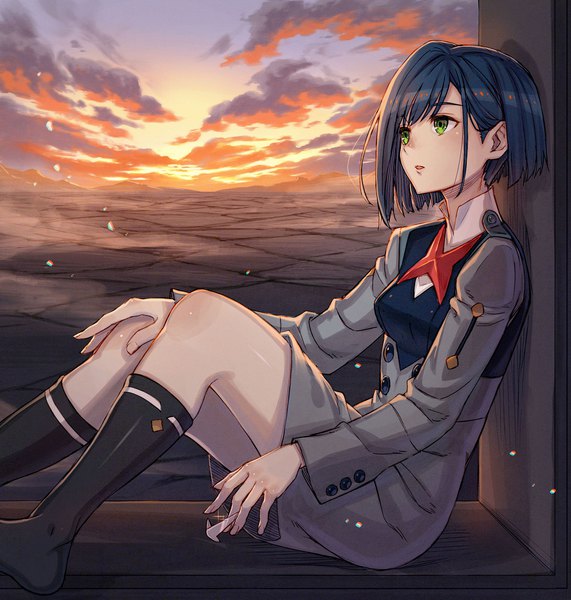 Anime picture 2000x2101 with darling in the franxx studio trigger ichigo (darling in the franxx) kusano shinta single tall image blush fringe highres short hair sitting holding green eyes blue hair looking away sky cloud (clouds) ahoge parted lips twilight