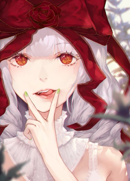 Anime picture 1208x1682 with original jname single long hair tall image looking at viewer blush fringe open mouth hair between eyes red eyes silver hair upper body nail polish fingernails lips blurry teeth close-up green nail polish