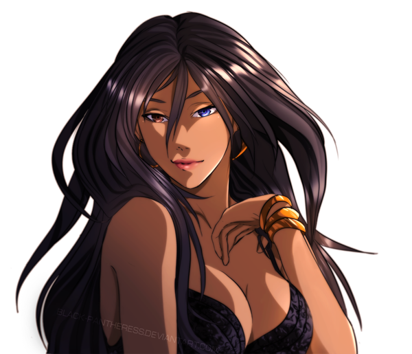 Anime picture 1389x1194 with ronnidenisee (artist) single long hair looking at viewer breasts blue eyes black hair lips heterochromia transparent background girl earrings bracelet