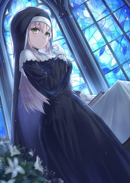 Anime picture 1488x2088 with virtual youtuber nijisanji sister cleaire gohei (aoi yuugure) single long hair tall image looking at viewer blush fringe breasts blonde hair hair between eyes standing green eyes indoors long sleeves blurry nun girl