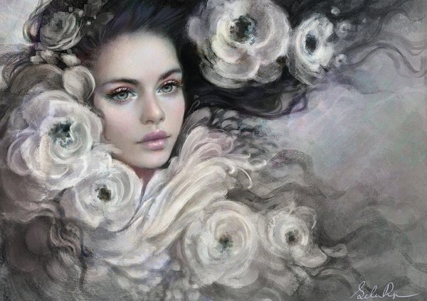 Anime picture 1000x708 with original selenada single long hair black hair signed looking away hair flower lips realistic grey background lipstick eyeshadow pink lipstick makeup girl hair ornament flower (flowers) hairclip rose (roses)