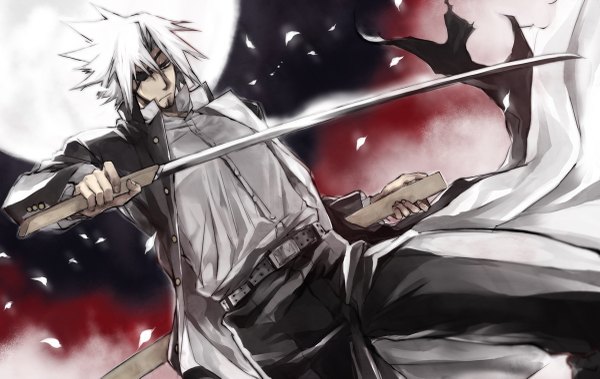 Anime picture 1200x759 with zan (manga) toujou kai rokuji single short hair white hair goatee boy uniform weapon plant (plants) school uniform petals sword tree (trees) belt moon eyepatch gakuran