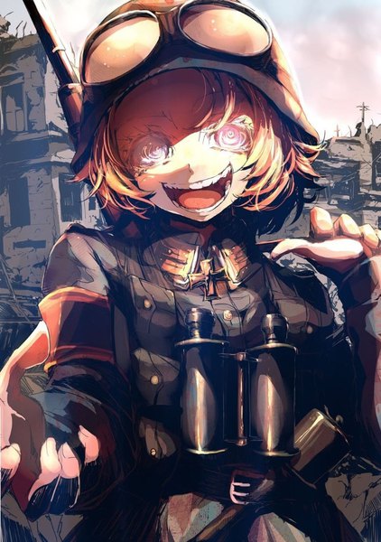 Anime picture 750x1067 with youjo senki tanya degurechaff shinotsuki shinobu tall image fringe short hair open mouth blonde hair smile purple eyes arm up official art teeth city looking up ruins goggles on head crazy smile uniform weapon