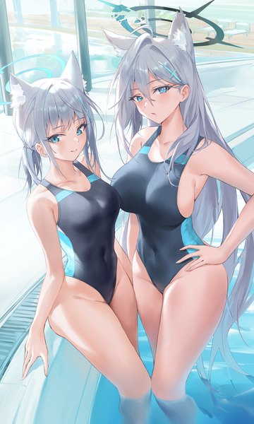 Anime picture 1700x2833 with blue archive shiroko (blue archive) shiroko terror (blue archive) shiroko (swimsuit) (blue archive) pdxen long hair tall image looking at viewer blush fringe breasts open mouth blue eyes light erotic smile hair between eyes large breasts multiple girls animal ears payot