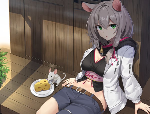 Anime picture 4020x3066 with original suiroh (shideoukami) single long hair looking at viewer fringe highres breasts open mouth hair between eyes large breasts sitting green eyes animal ears absurdres lying grey hair arm support open jacket midriff