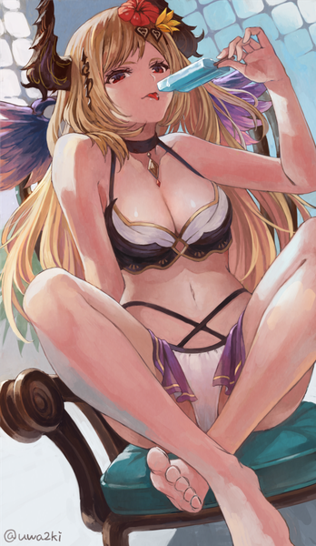 Anime picture 697x1200 with shingeki no bahamut granblue fantasy dark angel olivia uwatsuki isshiki single long hair tall image looking at viewer fringe light erotic simple background blonde hair red eyes sitting bare shoulders signed hair flower horn (horns) spread legs twitter username
