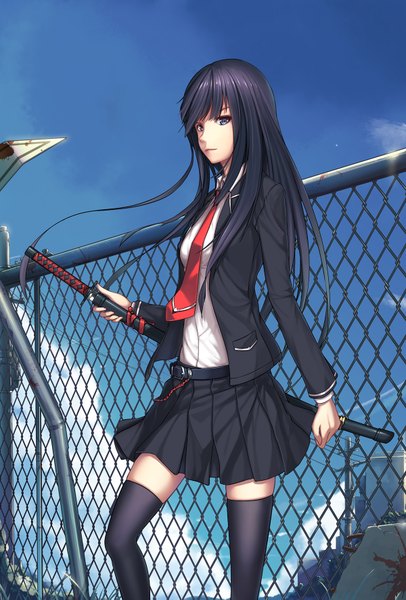 Anime picture 1200x1771 with original nian (zhanian) long hair tall image looking at viewer blue eyes black hair zettai ryouiki girl thighhighs skirt weapon black thighhighs sword necktie katana fence