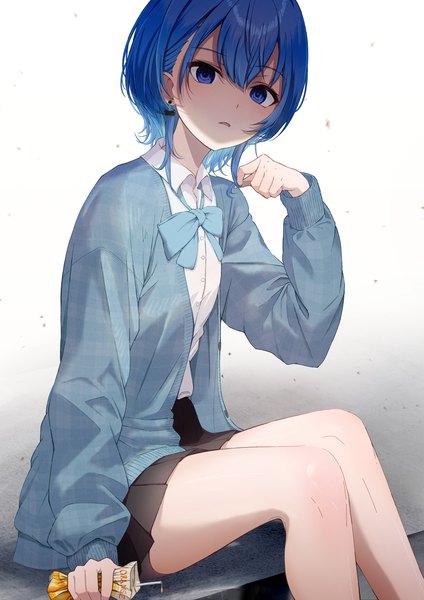 Anime picture 2480x3508 with virtual youtuber hololive hoshimachi suisei hihi (oekakihix) single tall image looking at viewer fringe highres short hair blue eyes hair between eyes sitting blue hair bare legs angry playing with hair girl skirt uniform