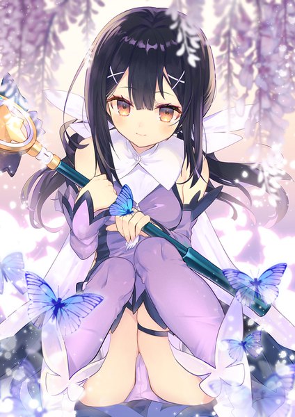 Anime picture 1050x1485 with fate (series) fate/kaleid liner prisma illya miyu edelfelt magical sapphire kirie nozomi single long hair tall image fringe light erotic black hair hair between eyes twintails brown eyes pantyshot low twintails pantyshot sitting butterfly on hand girl hair ornament