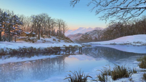 Anime picture 1920x1080 with original dao dao highres wide image sky reflection winter snow horizon mountain no people landscape bare tree river nature morning sunrise plant (plants) tree (trees) building (buildings)