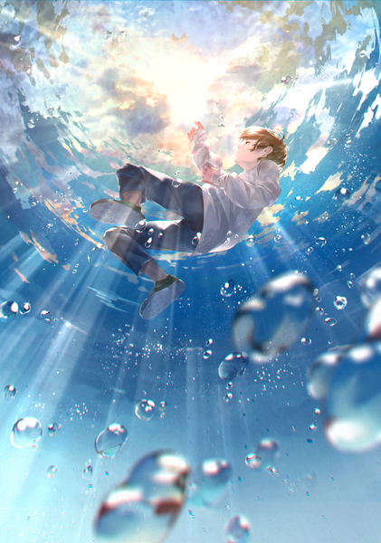 Anime picture 1053x1500 with original sousou (sousouworks) single tall image fringe short hair brown hair sky cloud (clouds) full body bent knee (knees) profile sunlight sparkle from below grey eyes looking up soles underwater sunbeam