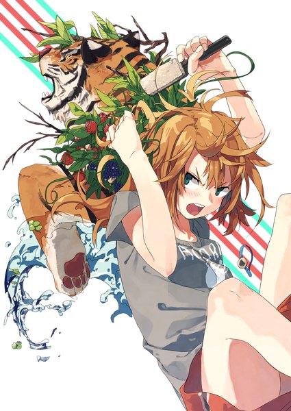 Anime picture 1217x1720 with original hitogome single tall image blush short hair open mouth brown hair green eyes angry messy hair surreal girl animal water shorts leaf (leaves) t-shirt branch tiger