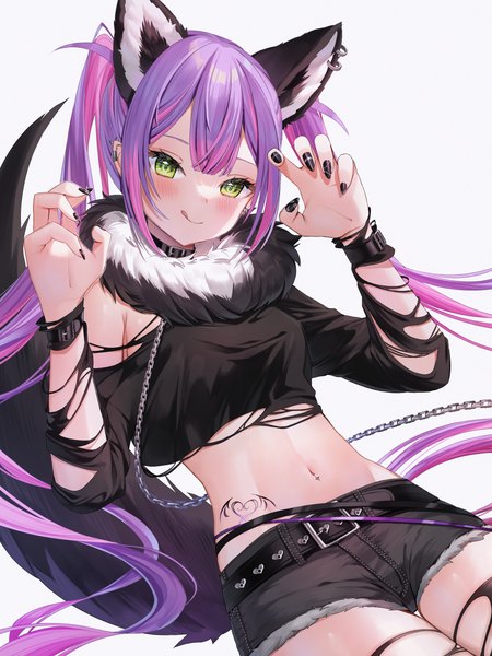 Anime picture 3000x4000 with virtual youtuber hololive tokoyami towa runlan 0329 single tall image looking at viewer blush highres simple background white background twintails green eyes animal ears purple hair tail very long hair nail polish animal tail midriff