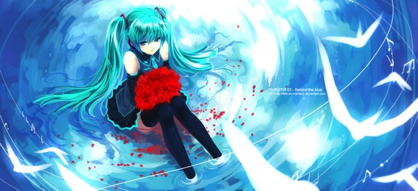 Anime picture 1600x731 with vocaloid hatsune miku myhilary single long hair blue eyes wide image twintails green hair girl flower (flowers) petals