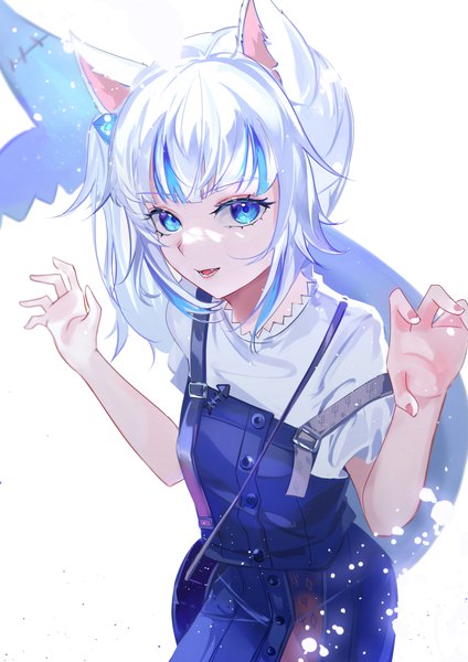 Anime picture 1979x2800 with virtual youtuber hololive hololive english gawr gura gawr gura (2nd costume) vardan single long hair tall image looking at viewer highres blue eyes simple background white background animal ears silver hair tail multicolored hair cat ears streaked hair