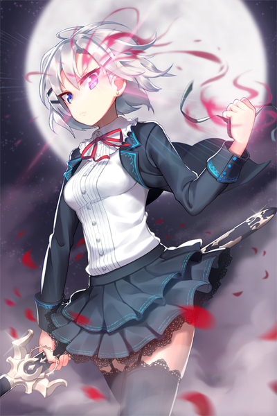 Anime picture 600x900 with sword girls iri flina mugcan single tall image looking at viewer fringe short hair blue eyes hair between eyes holding silver hair cloud (clouds) ahoge pleated skirt wind glowing glowing eye (eyes) walking serious