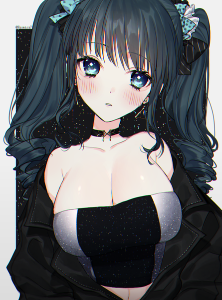Anime picture 850x1145 with original naomasap single long hair tall image looking at viewer blush fringe breasts blue eyes light erotic black hair simple background large breasts standing twintails bare shoulders signed payot cleavage