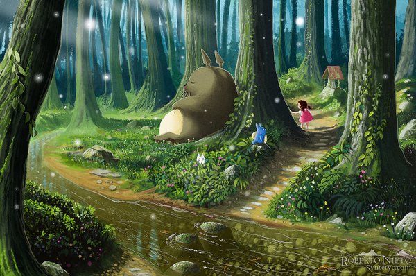 Anime picture 1500x996 with tonari no totoro studio ghibli totoro chibi totoro kusakabe mei syntetyc short hair brown hair standing sitting twintails sleeping river flower (flowers) plant (plants) tree (trees) water leaf (leaves) forest