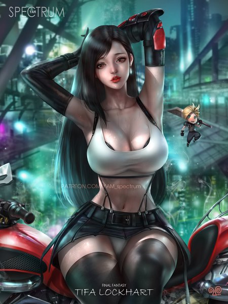 Anime picture 900x1200 with final fantasy final fantasy vii final fantasy vii remake square enix tifa lockhart cloud strife yam spectrum long hair tall image looking at viewer blush fringe short hair breasts light erotic black hair blonde hair red eyes large breasts sitting