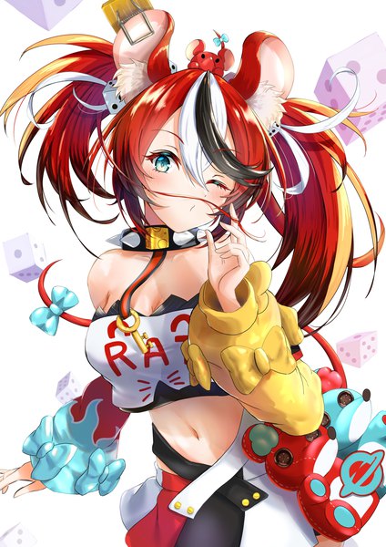Anime picture 1500x2121 with virtual youtuber hololive hololive english hakos baelz mr. squeaks (hakos baelz) numeribito single long hair tall image blush fringe hair between eyes twintails animal ears cleavage red hair tail animal tail one eye closed multicolored hair