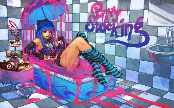 Anime picture 1350x839 with panty & stocking with garterbelt anarchy stocking qinni (artist) single long hair blue eyes wide image blue hair multicolored hair two-tone hair colored inner hair eating checkered floor checkered bathing graffiti fake wings girl thighhighs bow