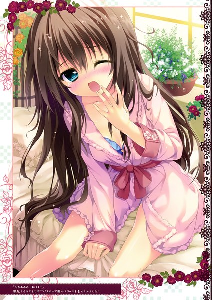 Anime picture 2478x3500 with prismatic world (artbook) shiramori yuse single long hair tall image looking at viewer blush highres open mouth blue eyes light erotic black hair one eye closed wink scan girl flower (flowers) bed pajamas