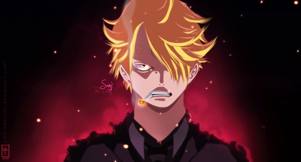 Anime picture 1000x539 with one piece toei animation sanji igeerr single fringe short hair blonde hair wide image brown eyes hair over one eye inscription coloring portrait angry smoking boy cigarette