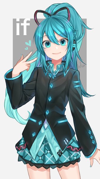 Anime picture 2880x5120 with vocaloid hatsune miku hatsune miku (if) halha 20 single long hair tall image looking at viewer fringe highres blue eyes simple background hair between eyes standing signed payot blue hair ponytail nail polish pleated skirt