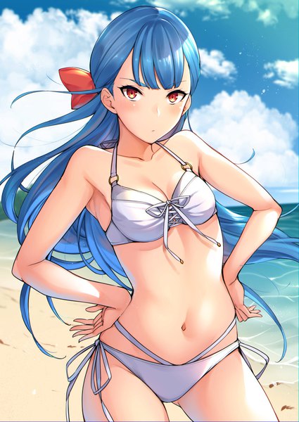 Anime picture 717x1012 with original yukari (sugarbeat) sugarbeat single long hair tall image looking at viewer blush fringe light erotic red eyes standing bare shoulders blue hair sky cloud (clouds) outdoors wind bare belly horizon