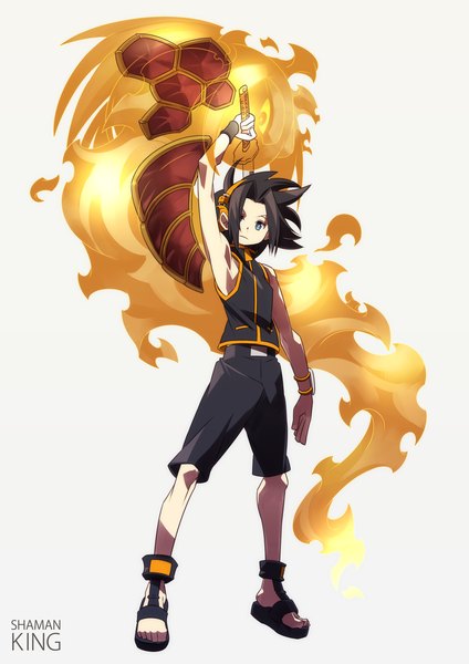 Anime picture 1000x1414 with shaman king xebec asakura you amidamaru hajime (hajime-ill-1st) single tall image fringe short hair blue eyes simple background brown hair white background bare shoulders hair over one eye inscription magic boy sword shorts