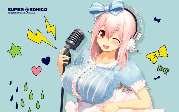 Anime picture 1920x1200 with nitroplus super sonico single long hair looking at viewer blush highres breasts open mouth red eyes large breasts pink hair one eye closed wink girl dress bow hair bow microphone stand