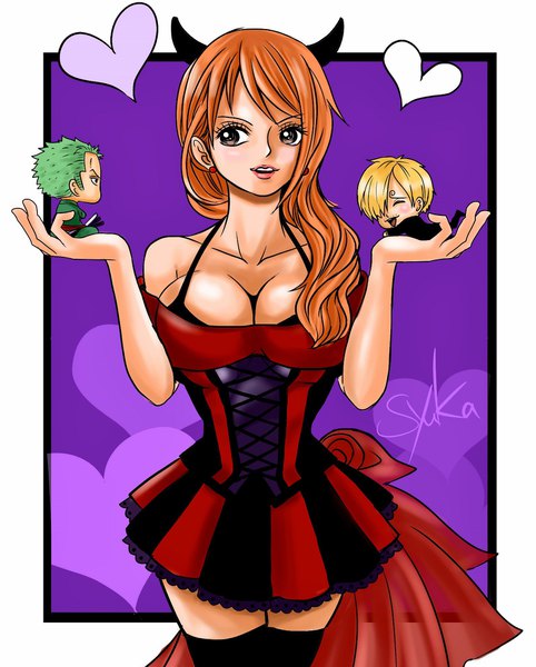 Anime picture 1592x1980 with one piece toei animation nami (one piece) roronoa zoro sanji one syuka long hair tall image blush fringe short hair breasts open mouth light erotic blonde hair smile large breasts standing sitting brown eyes