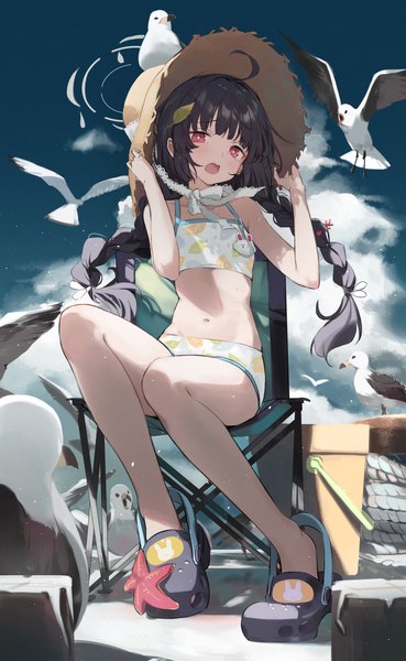 Anime picture 2026x3293 with blue archive crocs miyu (blue archive) miyu (swimsuit) (blue archive) timo wei95 single long hair tall image highres open mouth black hair red eyes sitting sky cloud (clouds) full body ahoge outdoors braid (braids) twin braids