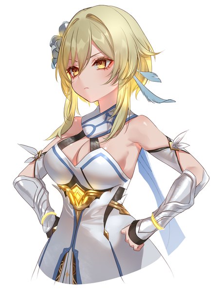 Anime picture 1960x2600 with genshin impact lumine (genshin impact) pottsness single tall image fringe highres short hair breasts light erotic simple background blonde hair hair between eyes large breasts white background yellow eyes payot looking away hair flower frown