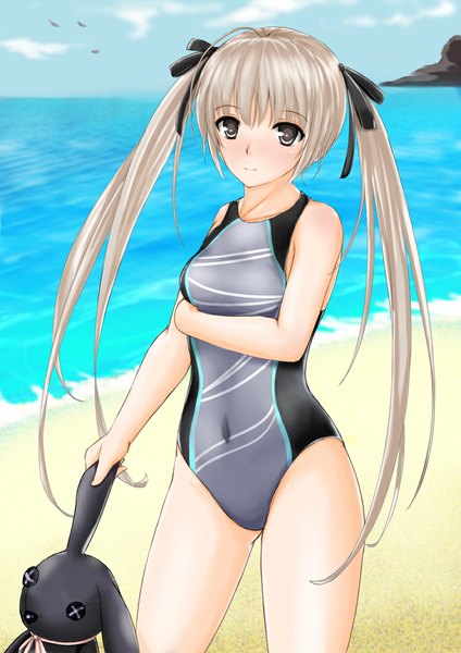 Anime picture 744x1052 with yosuga no sora kasugano sora norte single long hair tall image blush twintails silver hair grey eyes beach girl ribbon (ribbons) swimsuit hair ribbon sea toy stuffed animal