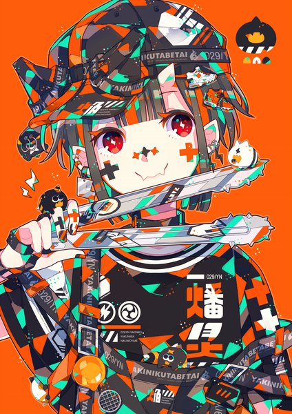 Anime picture 1240x1753 with original hghrttm single tall image short hair simple background smile red eyes upper body nail polish multicolored hair horn (horns) pointy ears fang (fangs) piercing symbol-shaped pupils ear piercing oni horns orange background multicolored