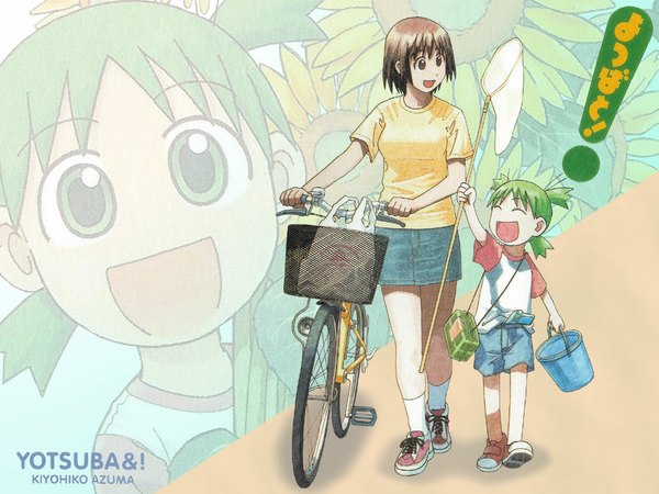 Anime picture 1024x768 with yotsubato koiwai yotsuba ayase fuuka azuma kiyohiko ground vehicle bicycle