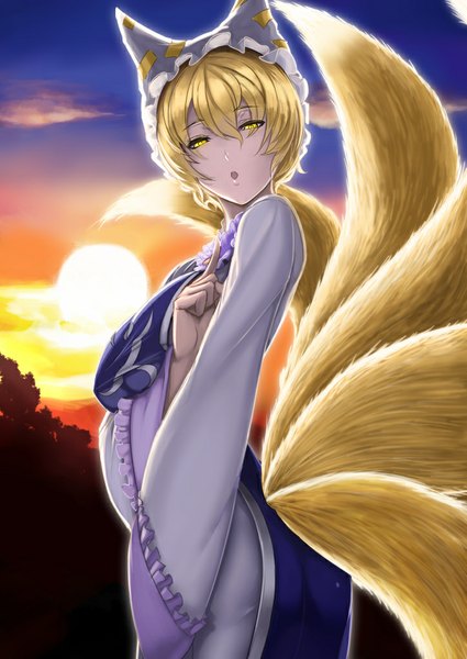 Anime picture 724x1023 with touhou yakumo ran hoshara single tall image looking at viewer fringe short hair blonde hair standing animal ears yellow eyes tail long sleeves animal tail sunlight open clothes wide sleeves fox ears fox tail