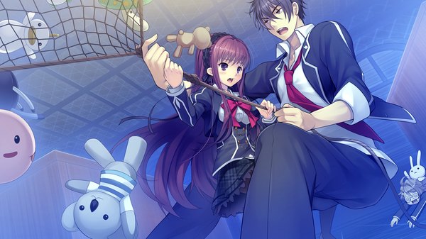 Anime picture 1280x720 with tokeijikake no ley line shishigatani ushio koga mitsuyoshi urabi (tomatohouse) long hair short hair open mouth black hair wide image purple eyes game cg red hair girl boy uniform school uniform