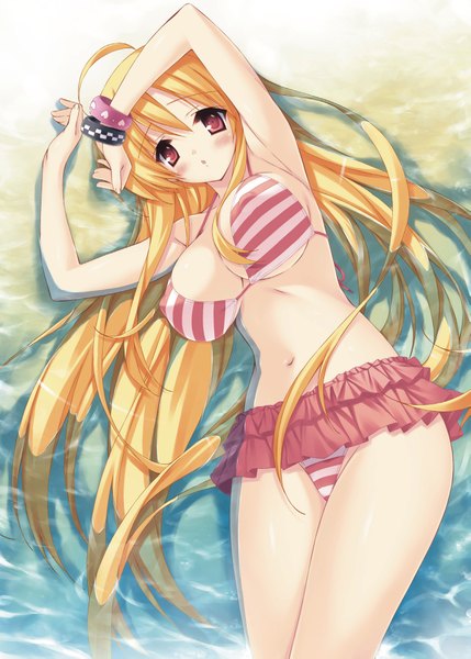 Anime picture 1481x2071 with munyuu tall image light erotic blonde hair red eyes lying beach covered nipples girl swimsuit bikini striped bikini bikini skirt