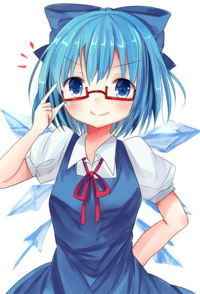 Anime picture 572x840 with touhou cirno asanagi kurumi (panda-doufu) single tall image looking at viewer blush short hair blue eyes simple background smile white background blue hair upper body puffy sleeves arm behind back adjusting glasses bespectacled girl bow