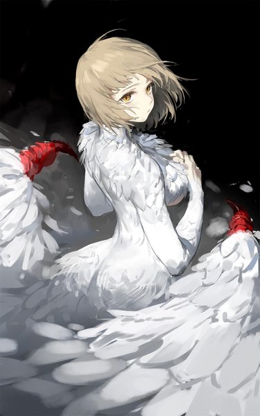 Anime picture 1332x2127 with dungeon meshi studio trigger falin touden falin touden (chimera) meinoss single tall image short hair simple background blonde hair yellow eyes looking away from above black background white wings spoilers girl wings