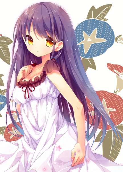 Anime picture 1881x2614 with original nametakenoko single long hair tall image looking at viewer highres purple hair orange eyes girl flower (flowers) sundress morning glory