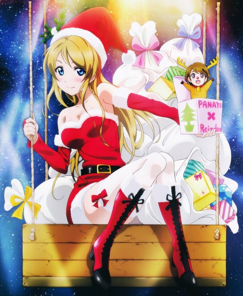 Anime picture 4815x5870 with love live! school idol project sunrise (studio) love live! ayase eli murota yuuhei single long hair tall image looking at viewer blush highres blue eyes blonde hair smile sitting absurdres scan fur trim christmas space