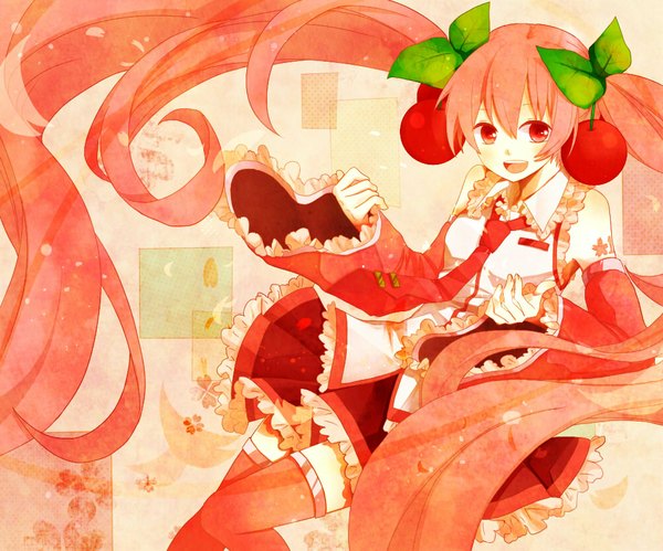 Anime picture 1000x833 with vocaloid hatsune miku sakura miku sakurasou single long hair looking at viewer blush open mouth red eyes twintails red hair very long hair girl skirt detached sleeves miniskirt necktie food berry (berries)