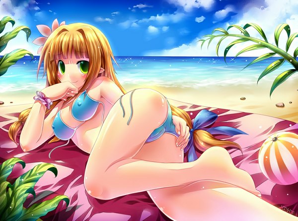 Anime picture 1122x833 with rune factory cecilia (rune factory) emperpep single long hair blush light erotic smile green eyes sky cloud (clouds) hair flower pointy ears orange hair arm support beach open bikini girl hair ornament bow