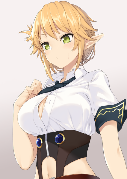 Anime picture 1000x1414 with enjo kouhai aegis (takunomi) takunomi single tall image fringe short hair breasts light erotic simple background blonde hair large breasts green eyes payot upper body pointy ears grey background short sleeves midriff gradient background