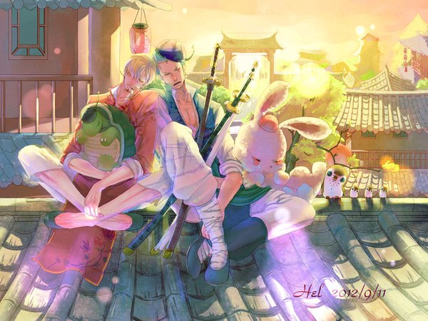Anime-Bild 2000x1500 mit one piece toei animation roronoa zoro sanji hel blush fringe highres short hair open mouth blonde hair sitting signed sky braid (braids) eyes closed traditional clothes green hair sunlight hair over one eye